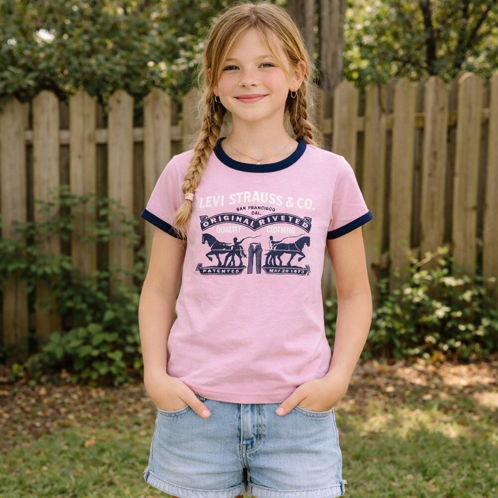Levi’s Youth Ringer T-Shirt Size Medium 10-12 Pink Navy Graphic Tee 100% Cotton